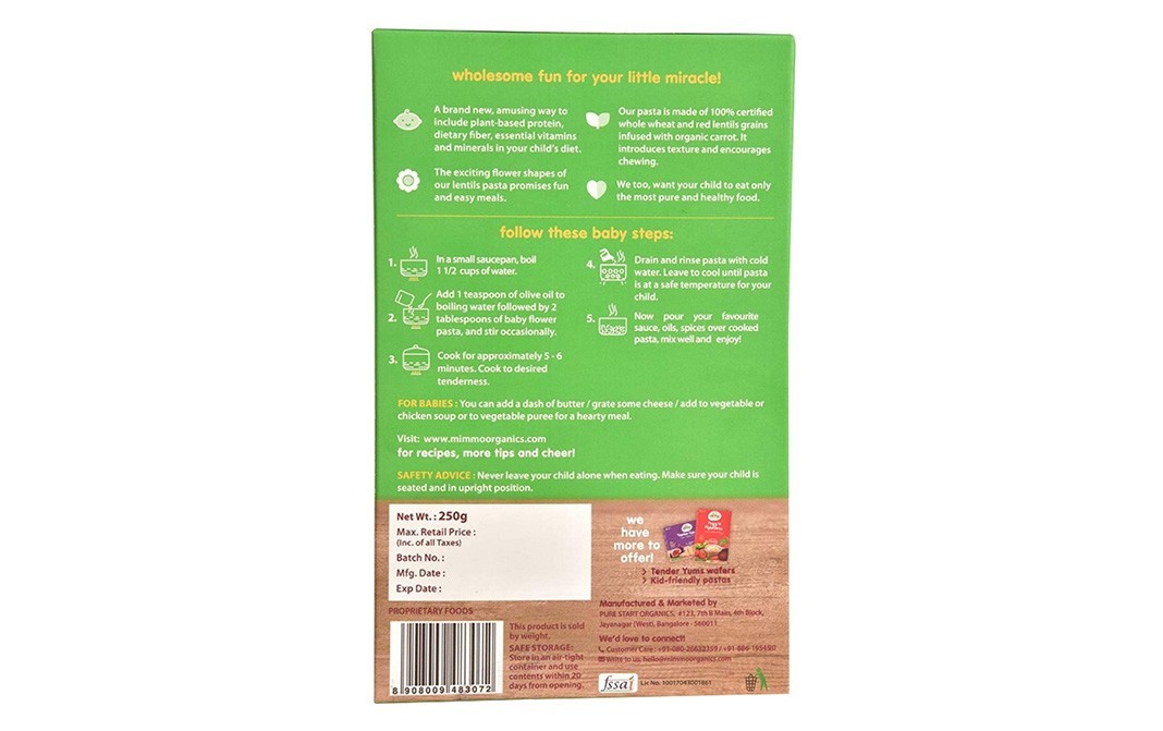 Mimmo Organics Baby Flower Pasta, Whole-Wheat Red Lentils Carrot   Box  250 grams
